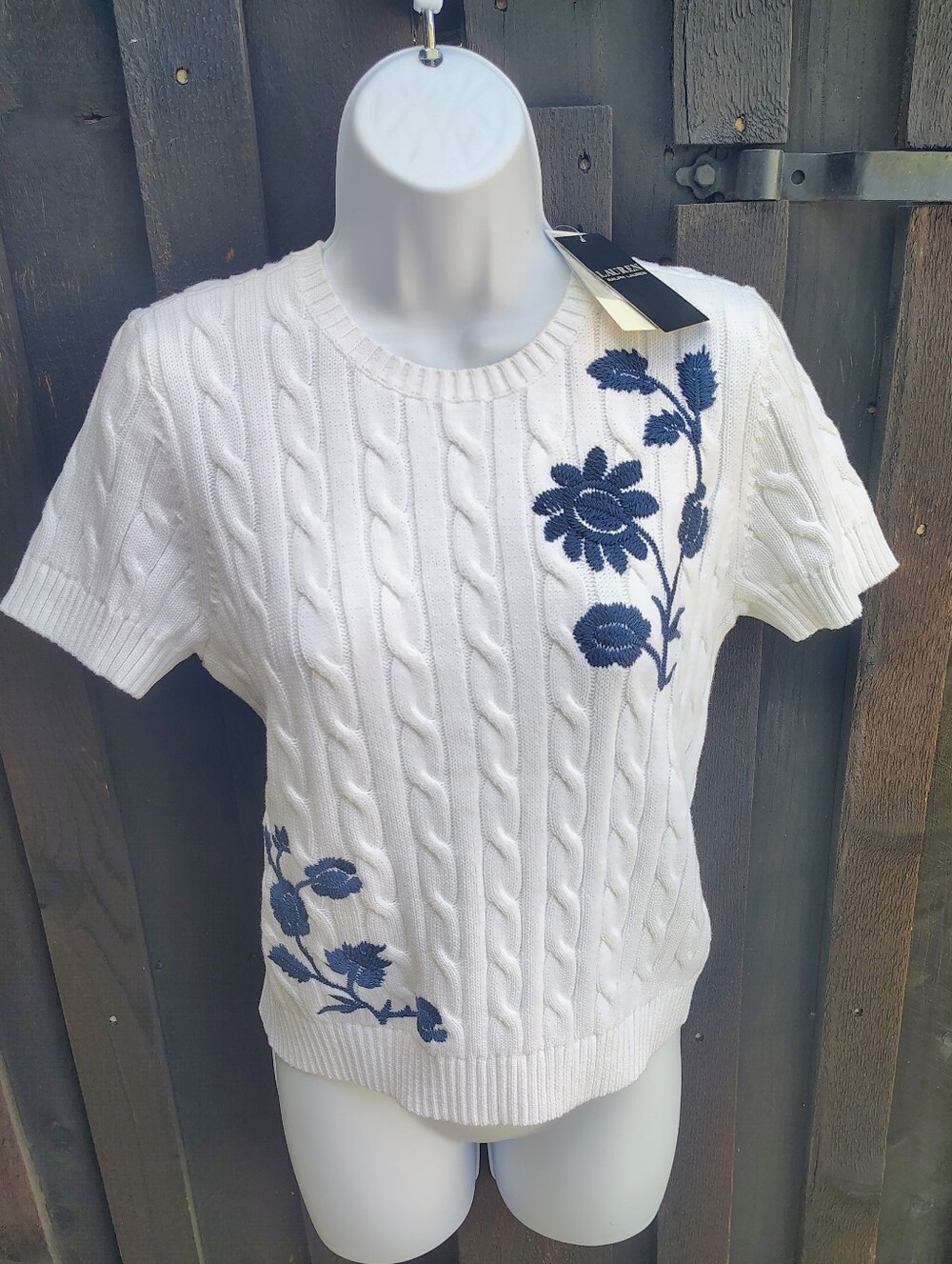 Ralph Lauren White Cable-Knit Short Sleeve Top with Navy Floral Embroidery